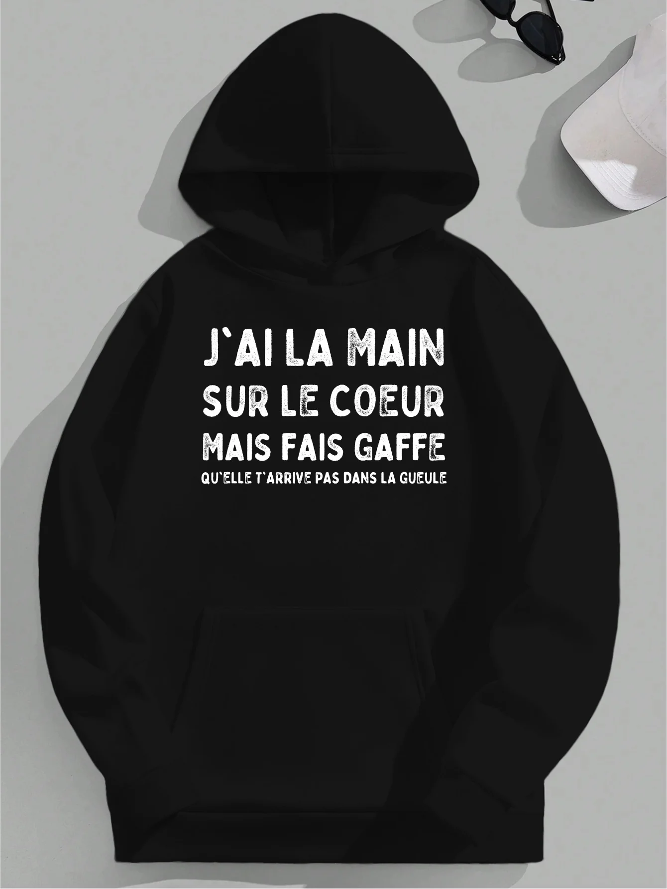 

Мужская толстовка с капюшоном и французским юмористическим предупреждением - свободная посадка, длинные рукава, для повседневного ношения толстовки с капюшоном