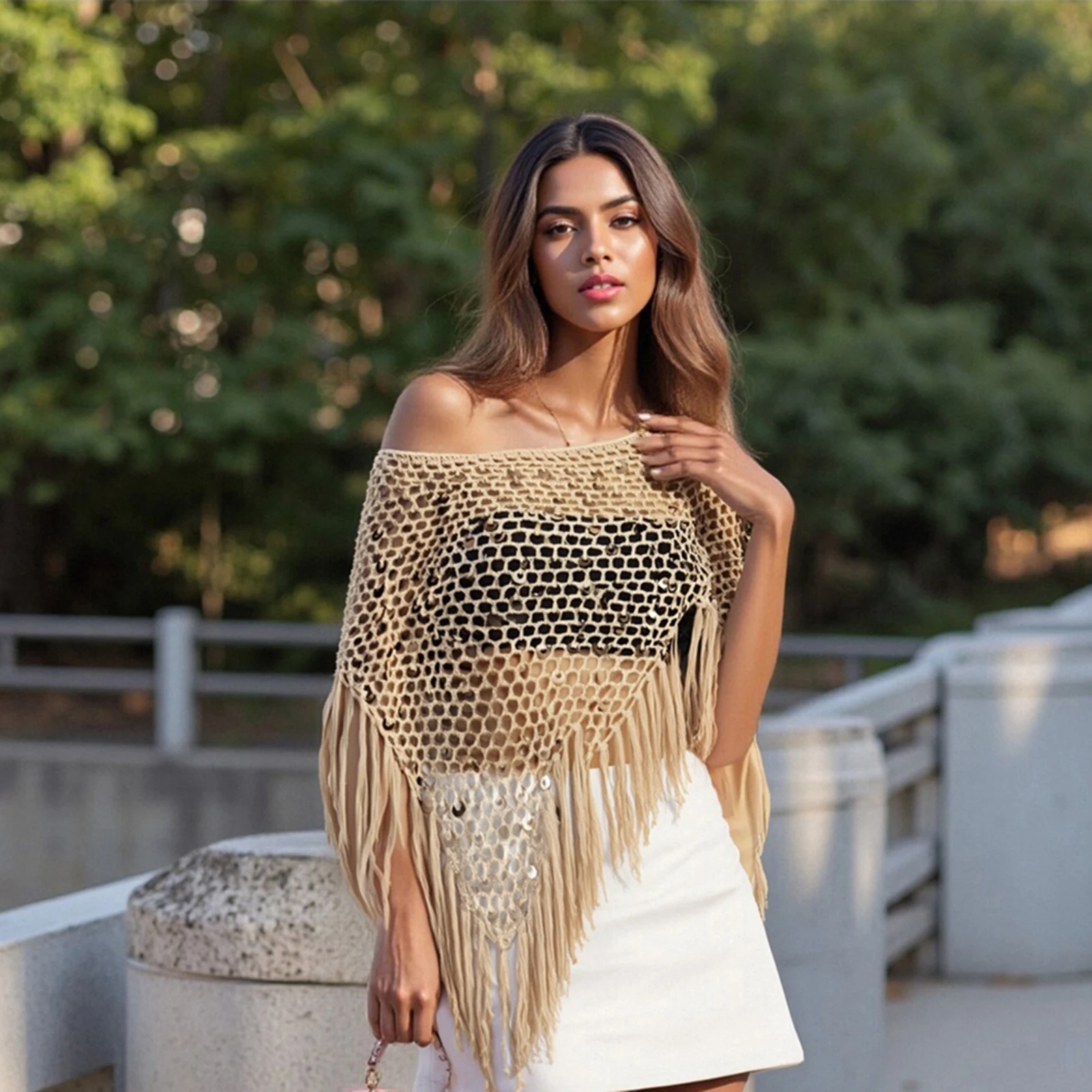 

Women Holiday Beach Sequin Crochet Cover Up Solid Color Hollowed Tassel Off Shoulder Knitted Poncho Trendy Coverup Tops