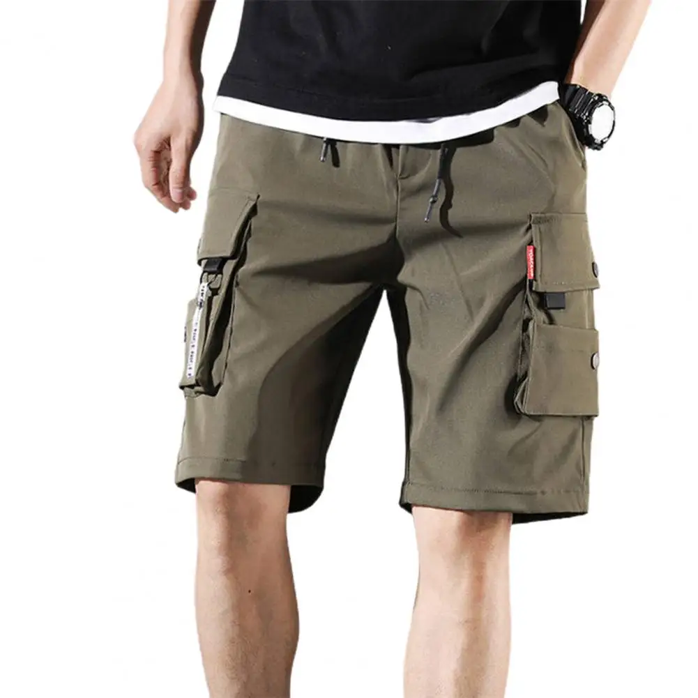 Men's Cargo Shorts Solid Color Multiple Pockets Short Pants Summer Elastic Waistband Drawstring Cargo Shorts Casual Men Shorts