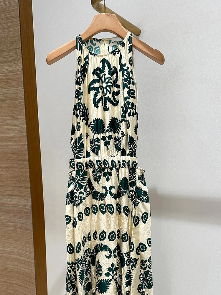 Summer Floral Print Long Vest Dr High Waist A-Line Silhouette Svel Mid-Length Polyester Fabric Vaion Sle