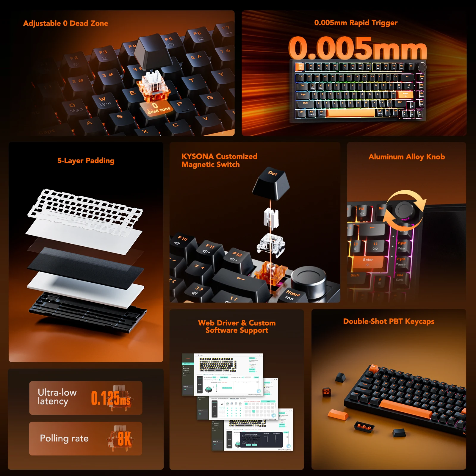 KYSONA KM82 HE Wired Gaming Keyboard Magnetic Switch 75% 82 Key 8000Hz Polling Rate PBT Ultra-Precision 0.005mm RGB For Gamer