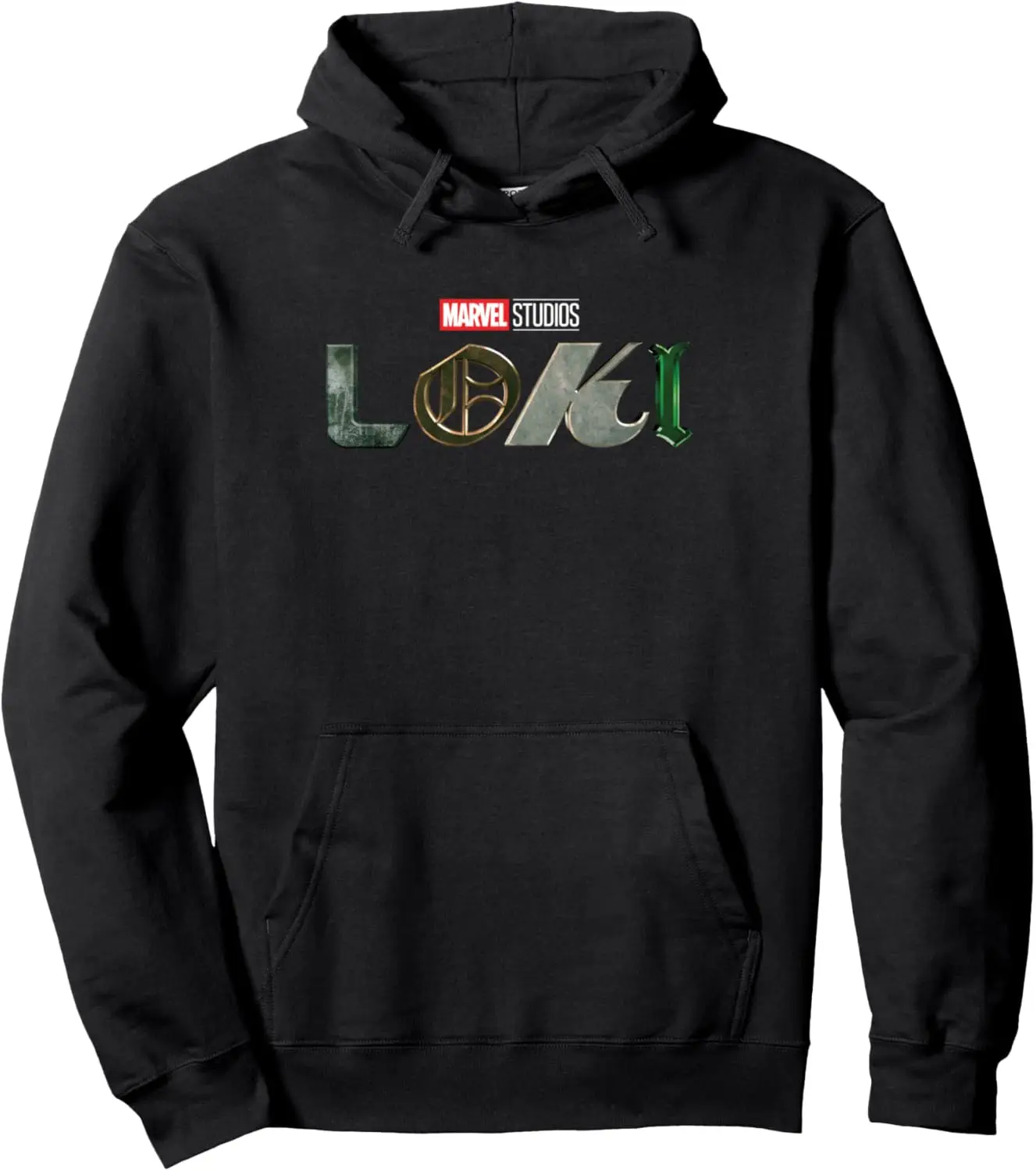 Sudadera con capucha de lana de algodón para hombre con estampado gráfico de Loki con paleta de colores verde dorado y elementos de mitología asgardian en negro