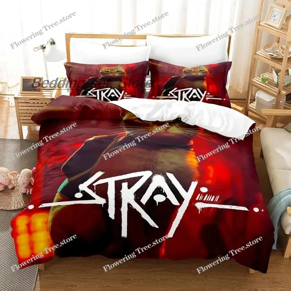 

New Stray Game Cat and Momo Bedding Set Single Twin Full Queen King Size Bed Set Aldult Kid Bedroom Duvetcover Sets Kawaii Bed