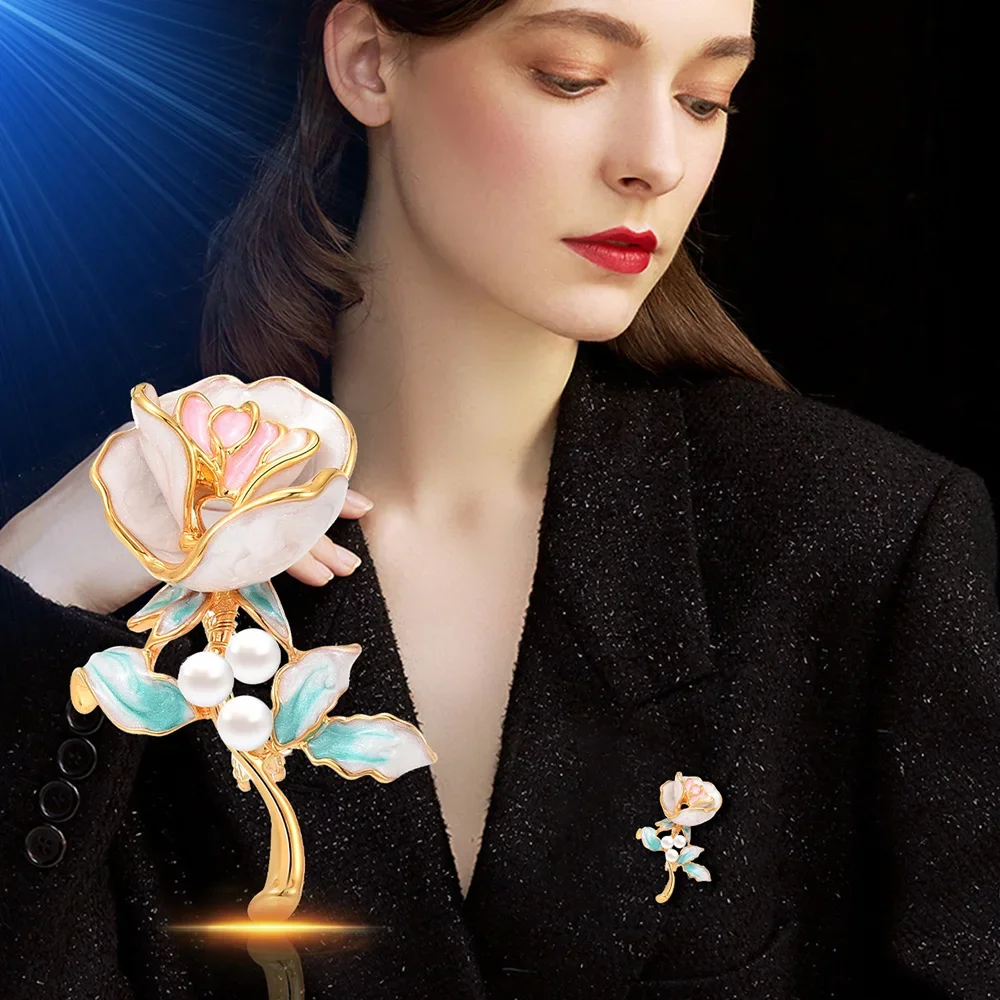 Elegant Brooch Enamel Rose Brooch Pearl Inlaid Corsage Banquet Party Badge Pin Women's Clothing Accessories Jewelry Gifts