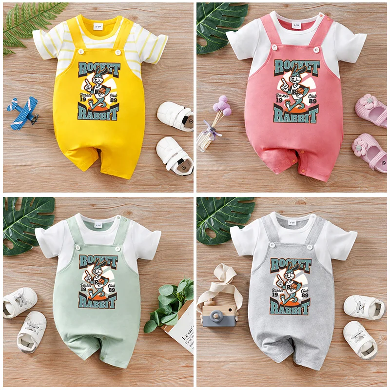 

4-color newborn baby summer fake two-piece basketball rabbit print short-sleeve round-neck jumpsuit