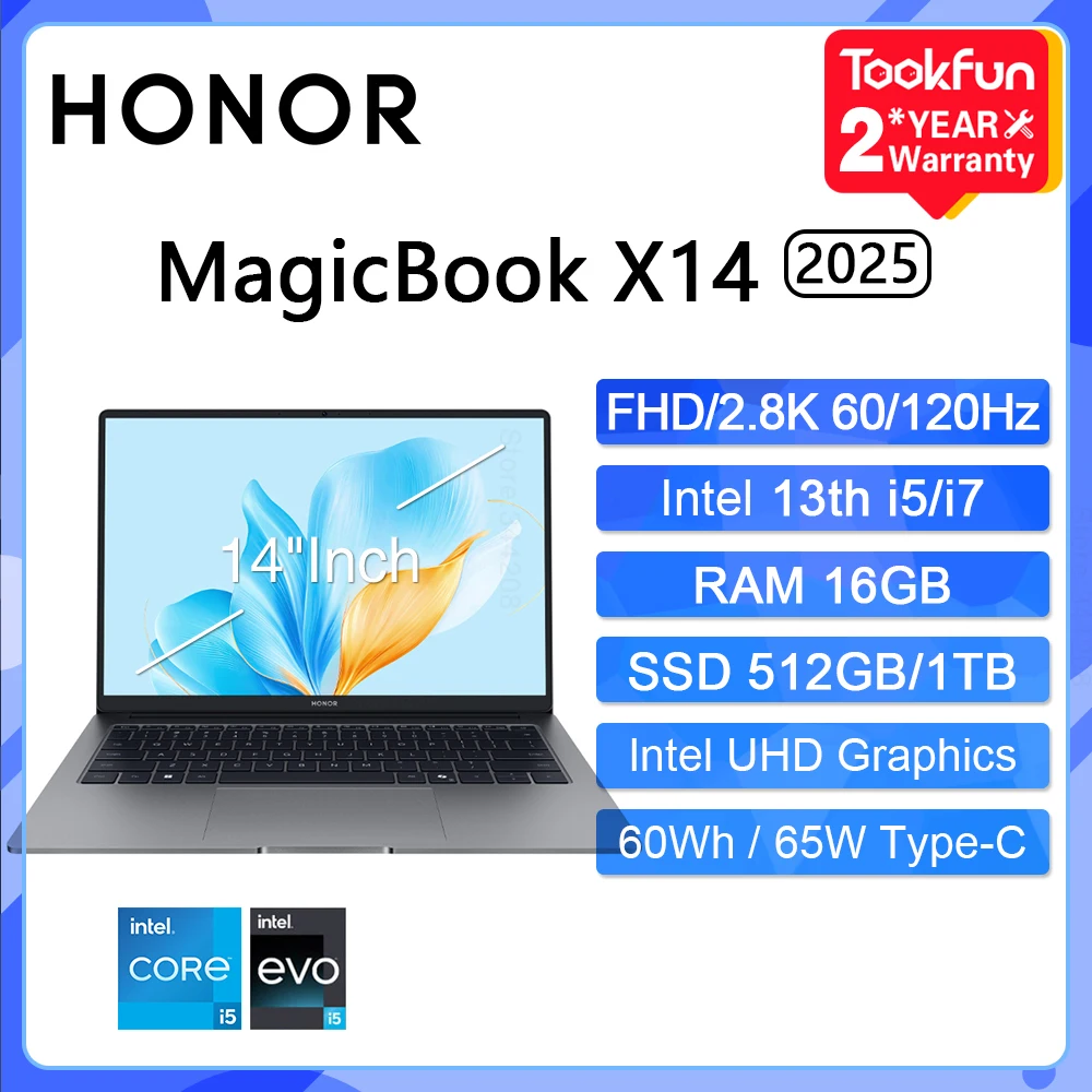 HONOR MagicBook X14 2025 Ноутбук Intel Core i5-13420H i7 RAM 16 ГБ SSD 512 ГБ 1 ТБ 14 дюймов FHD 2,8 К Ноутбук Ультрабук Компьютер ПК