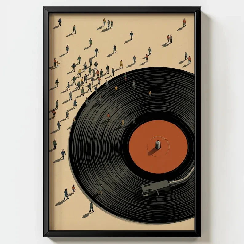 Retro Vinyl Record Miniature People Wall Art Print Canvas Painting Poster Picture For Living Room,Bedroom Home Decor