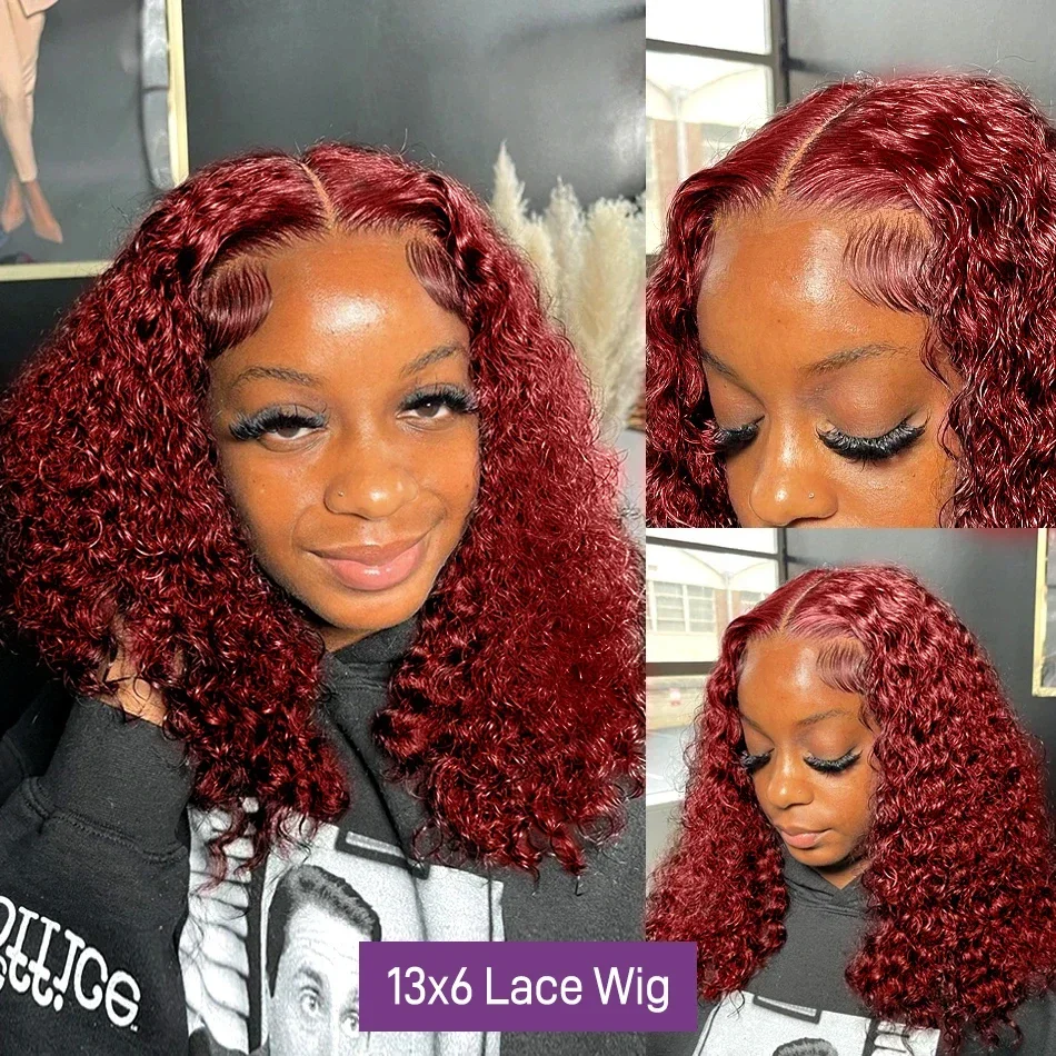 Cosdelu-Borgonha Deep Wave Lace Frontal Wig, Bob Curto, Cabelo Humano para Mulheres, 13x4 HD Lace, 220 Densidade, 99J, 12 in, 16 in