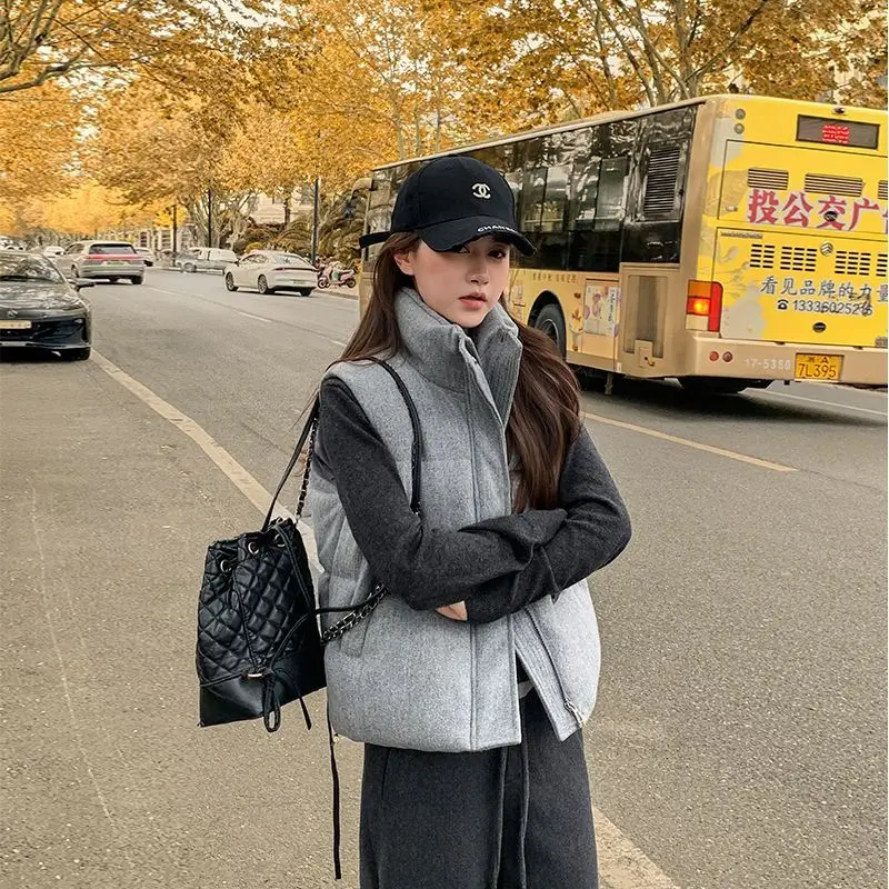 

Down Cotton Vest Women's Short 2025 Korean Version Stand-up Collar Sleeveless Lambskin Vests Jacket Black Gray Waistcoat Tops