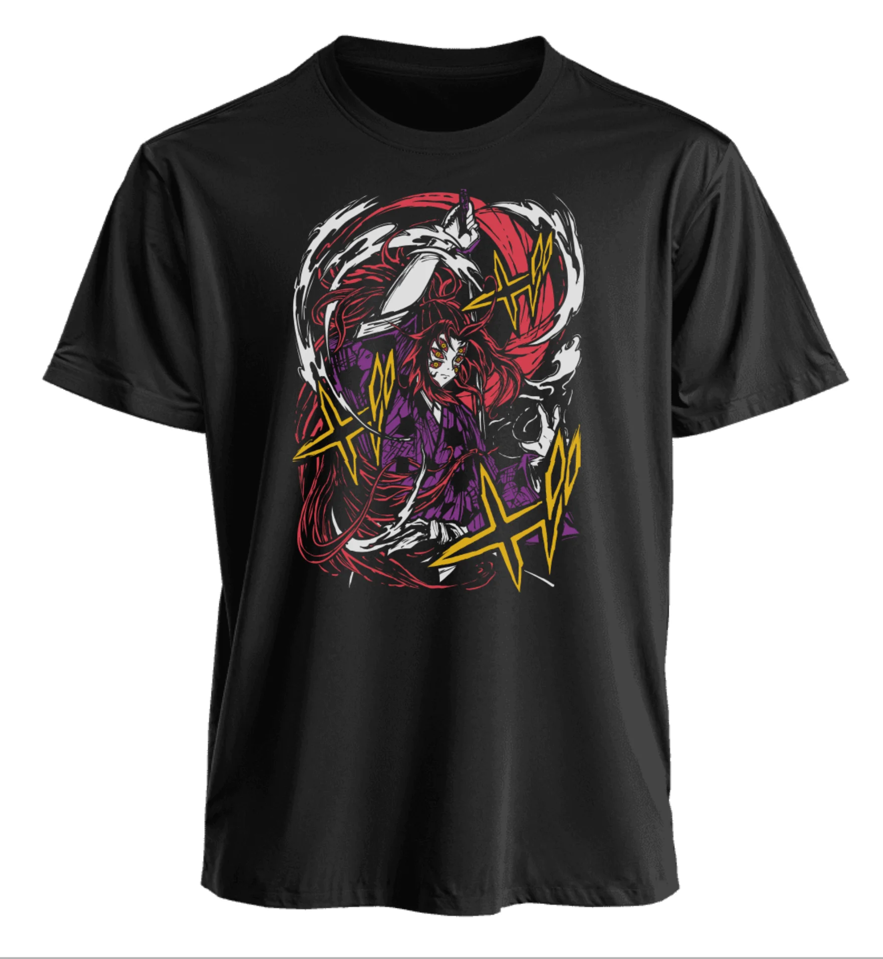 T-shirt anime da guerriero dai capelli rossi con sfondo teschio gigante e stelle da combattimento, maglietta grafica con scena di battaglia in stile Manga dinamico