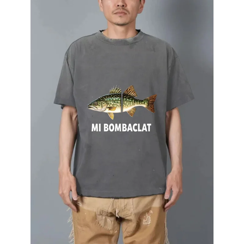 تي شيرت رجالي مغسول مطبوع عليه سمكة سوداء MI BOMBA CLAT جودة عالية 100% قطن 230 جرام #3
