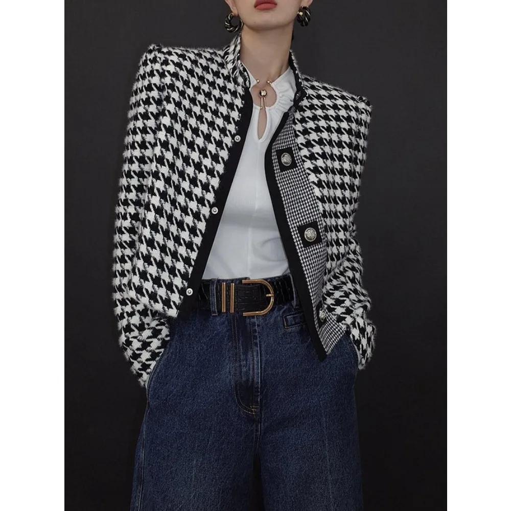 BabYoung Women's Houndstooth Outerwears & Jacket Stand Collar Long Sleeves Autumn Winter Fall Clothes 2025 Women Classics Coat