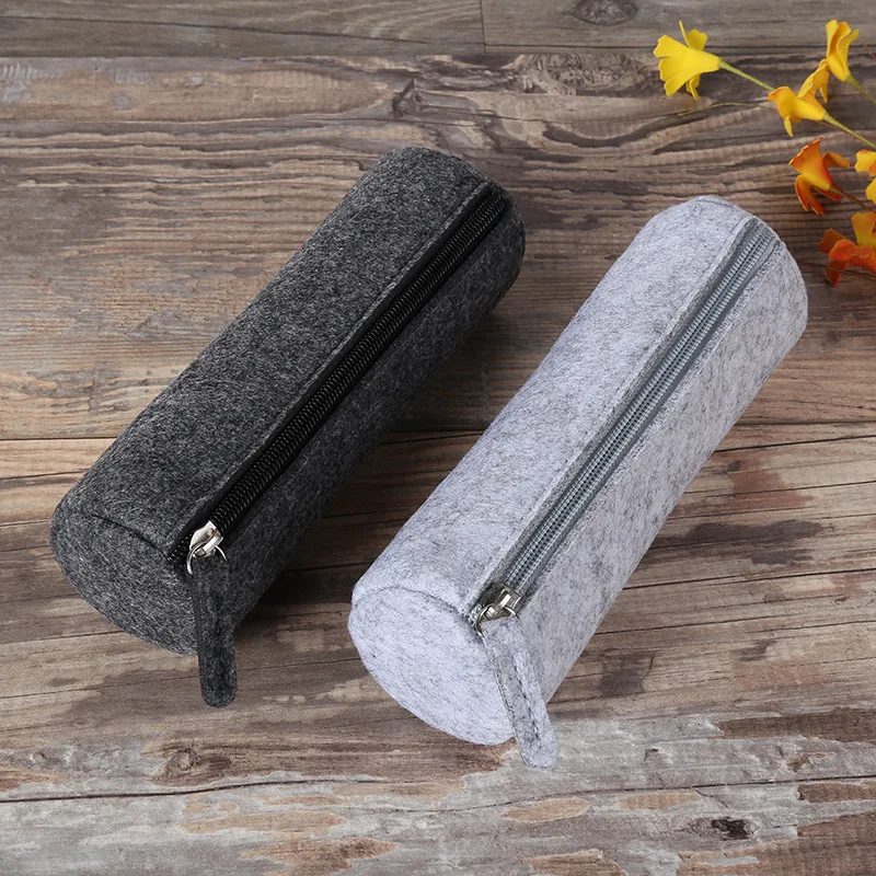 

Solid Color Thick Felt Pencil Bags Round Large Capacity Pen Holder Student Stationery Bag Back To School