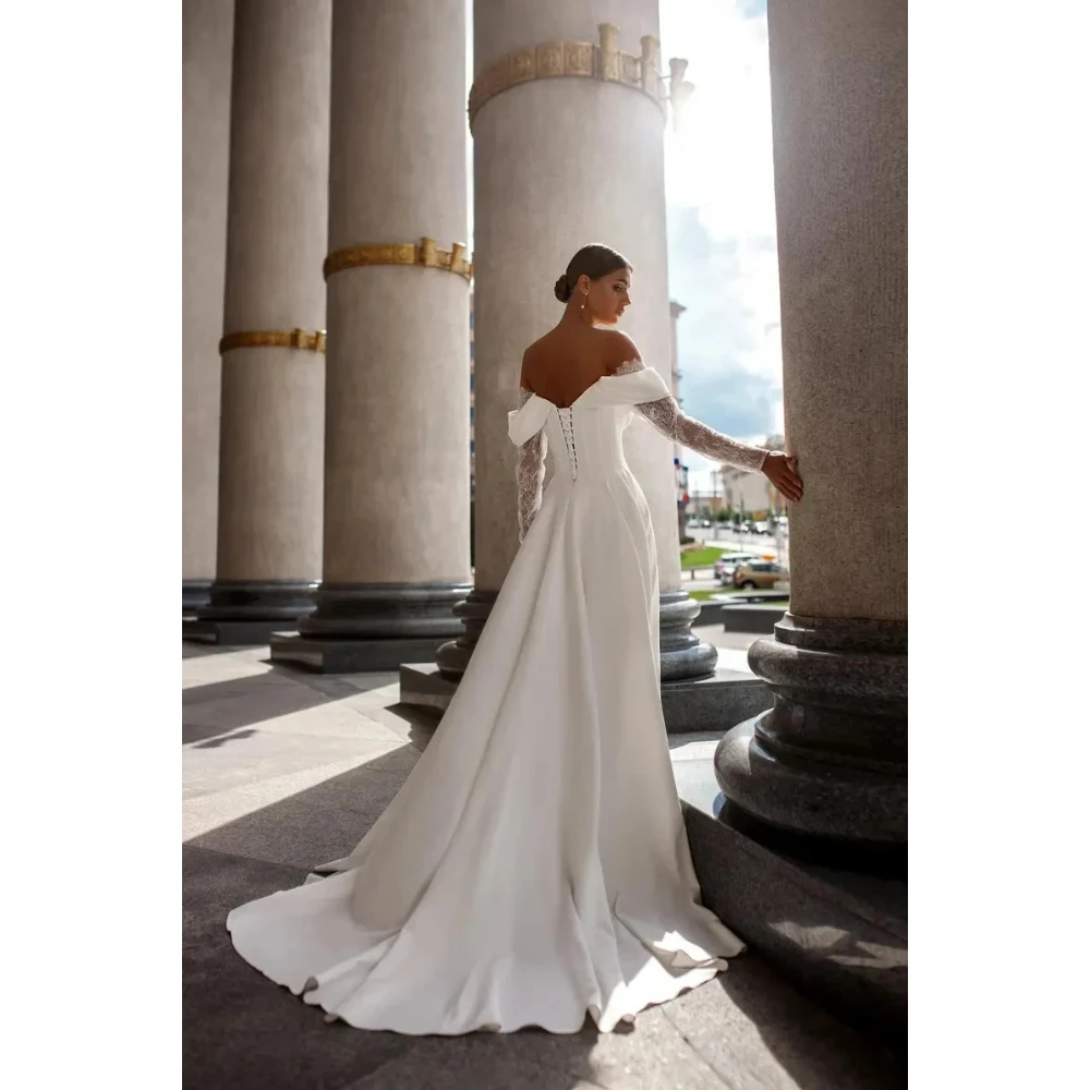 Schulterfreies Hochzeitskleid mit Herzausschnitt, Spitze, appliziert, lange Ärmel, Boho-Strand, A-Linie, Brautkleider, Vestido De Noival, individuell gestaltet