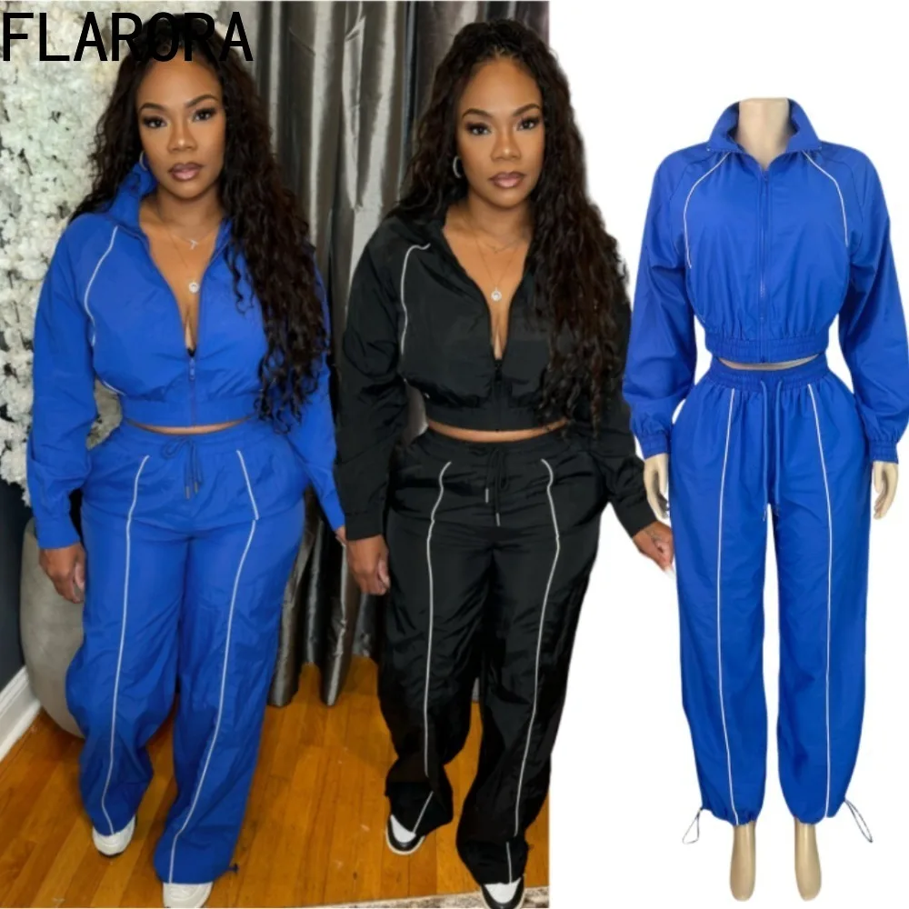 

FLARORA Fashion Line Patchwork 2 Pcs Set Woman Lapel Long Sleeve Zip Crop Top And Drawstring Pant Suits Autumn Street Tracksuits