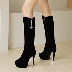 Women's High Red Boots Platform Heeled Knee High Long Boot Flock Black Large Size 45 48 Footwear Warm Shoes 2024 Winter Ladies