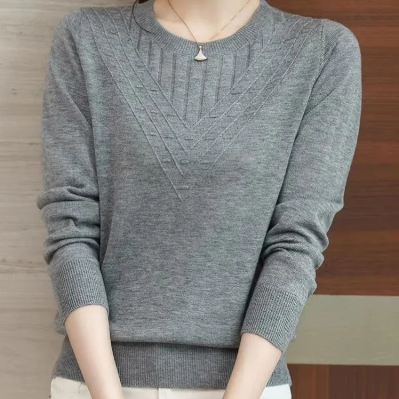 Temperament Spring Autumn Solid Color Women\'s Round Neck Screw Thread Fashion Elegant Long Sleeved Loose Sweater Knitted Tops