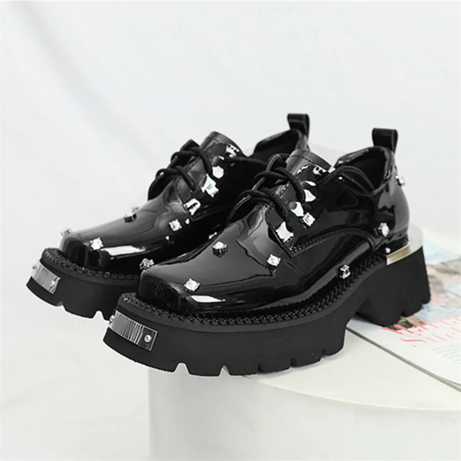 

Crystal Thick Sole Women Pumps Chunky Heel Lace-up Platform Patent Leather Derby Shoes Square Toe Ladies Zapatos Mujer