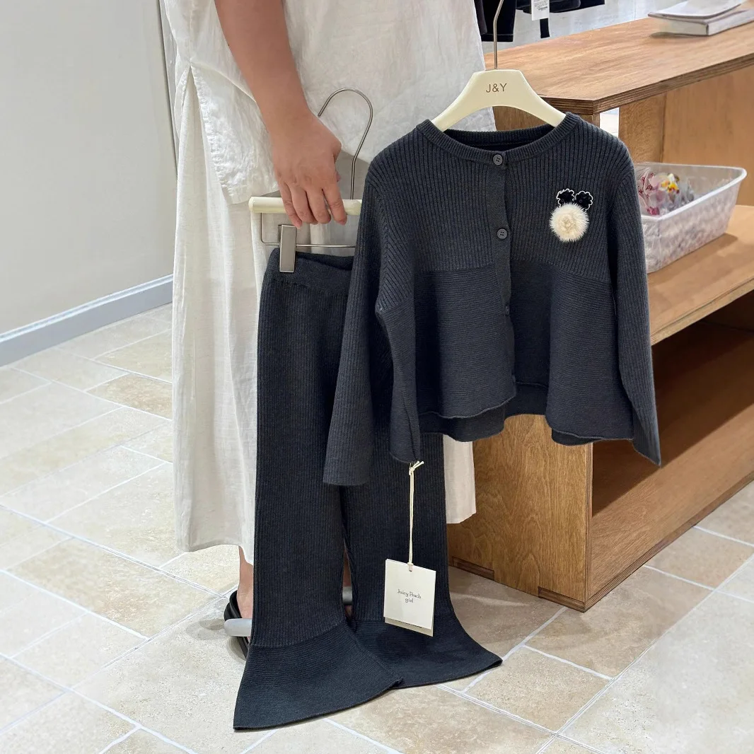 New spring and autumn girls fashion gentle solid colour wool cardigan jacket long sleeve trousers jumper set 90-150cm