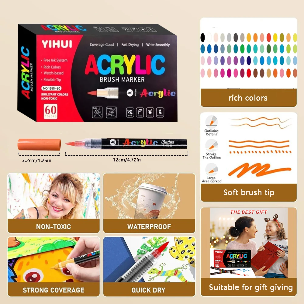 12-60 Colors Acrylic Paint Marker Set, 1-5mm Soft Tip Markers For Rock Painting Wood Stone Glass Gift DIY Crafts