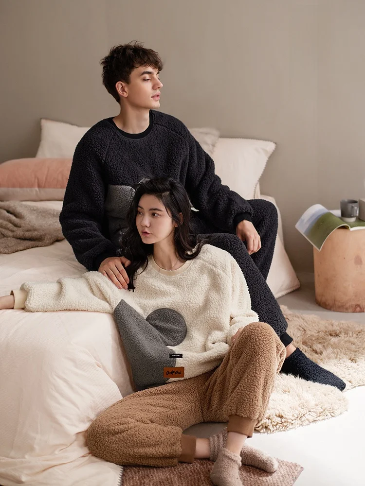 nidie-couple-spwear-winter-lamb-velvet-cartoon-casual-men-simple-overhead-home-clothes-set-round-ne-home-leisure-thien