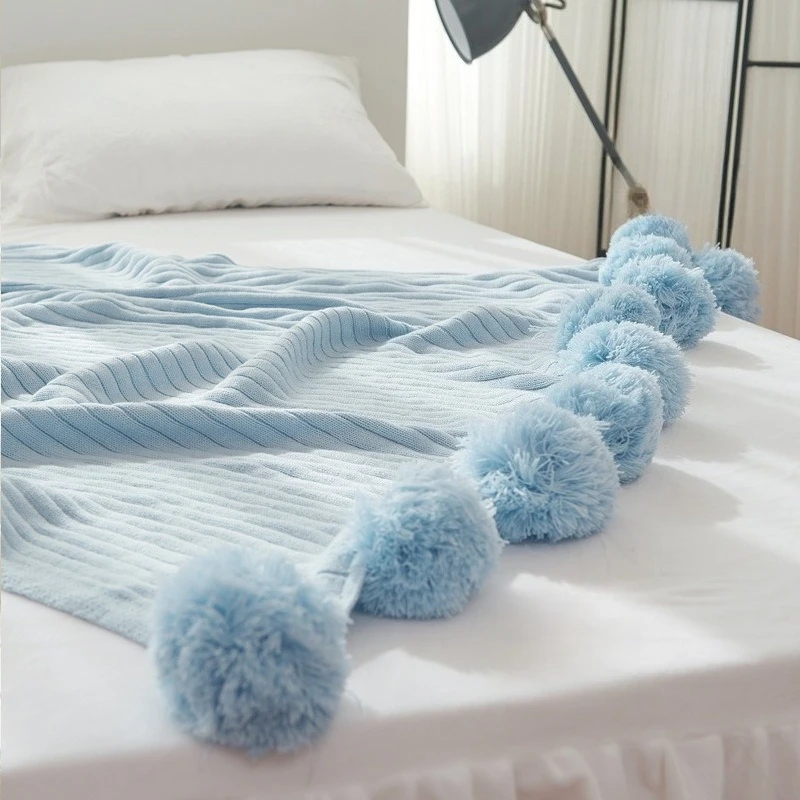 Cotton Knitted Blanket with Woolen Balls Cotton Shawl Blanket Living Room Sofa Blanket Comfortable Durable Not Easily Deformable