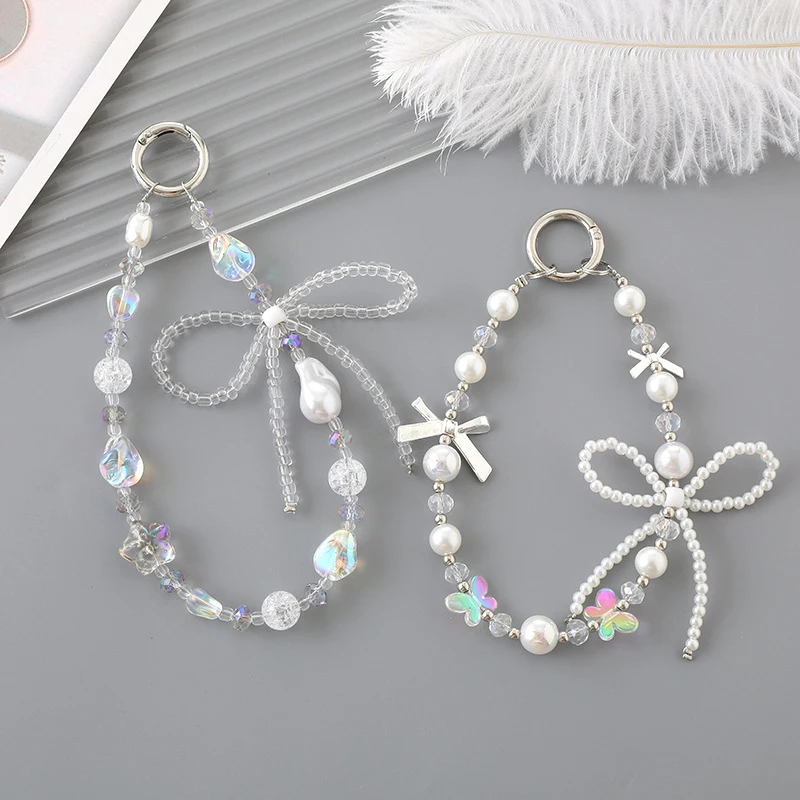 1 Pc Pearl Bow Beaded Cell Phone Lanyard Anti-lost Cell Phone Lanyard Bow Wristband Keychain Pendant