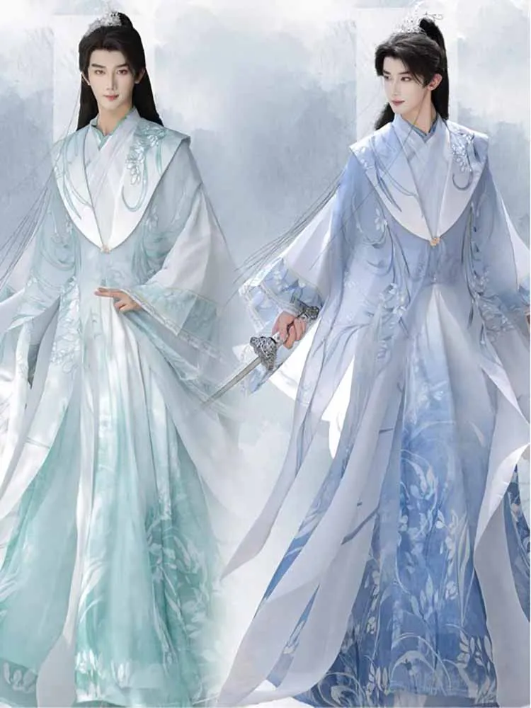 ชุดฮั่นฝูจีนสีน้ำเงินและสีเขียวสไตล์วินเทจสำหรับผู้ชาย ชุดคอสเพลย์งานฮาโลวีน งานคาร์นิวัล งานปาร์ตี้ ชุดฮั่นฝูสำหรับผู้หญิงไซส์ใหญ่พิเศษ 3XL