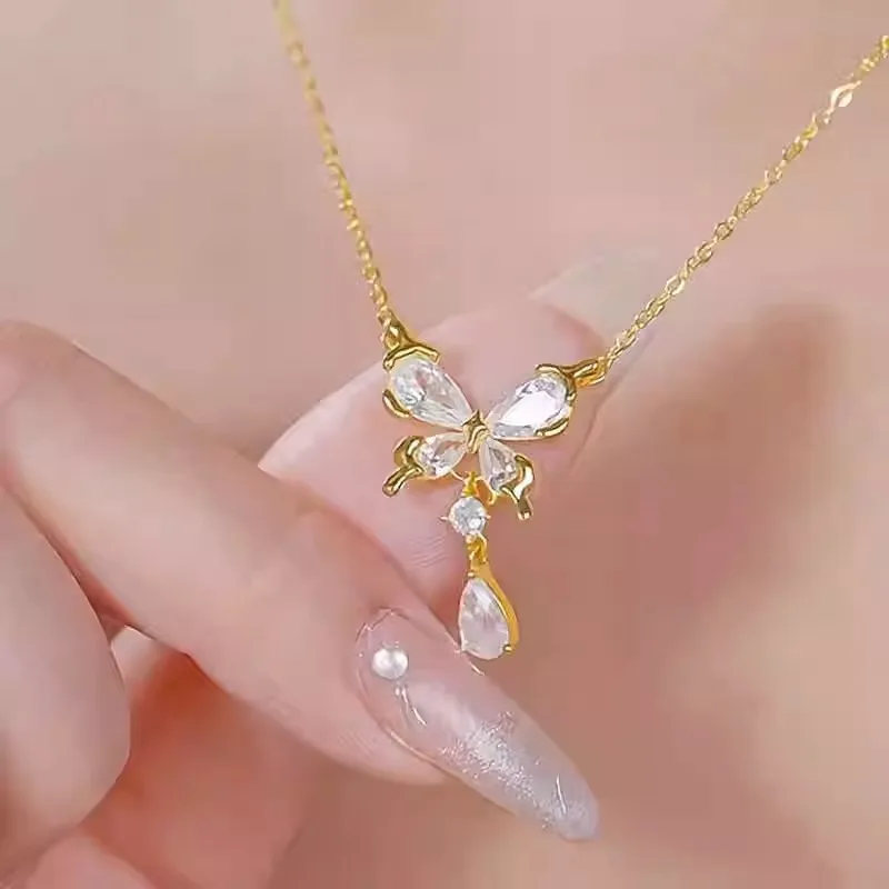 PANJBJ S925 Sterling Silver Zircon Butterfly Necklace For Women Water Drop Tassels Grace Banquet Jewelry Gift Dropshipping image 2