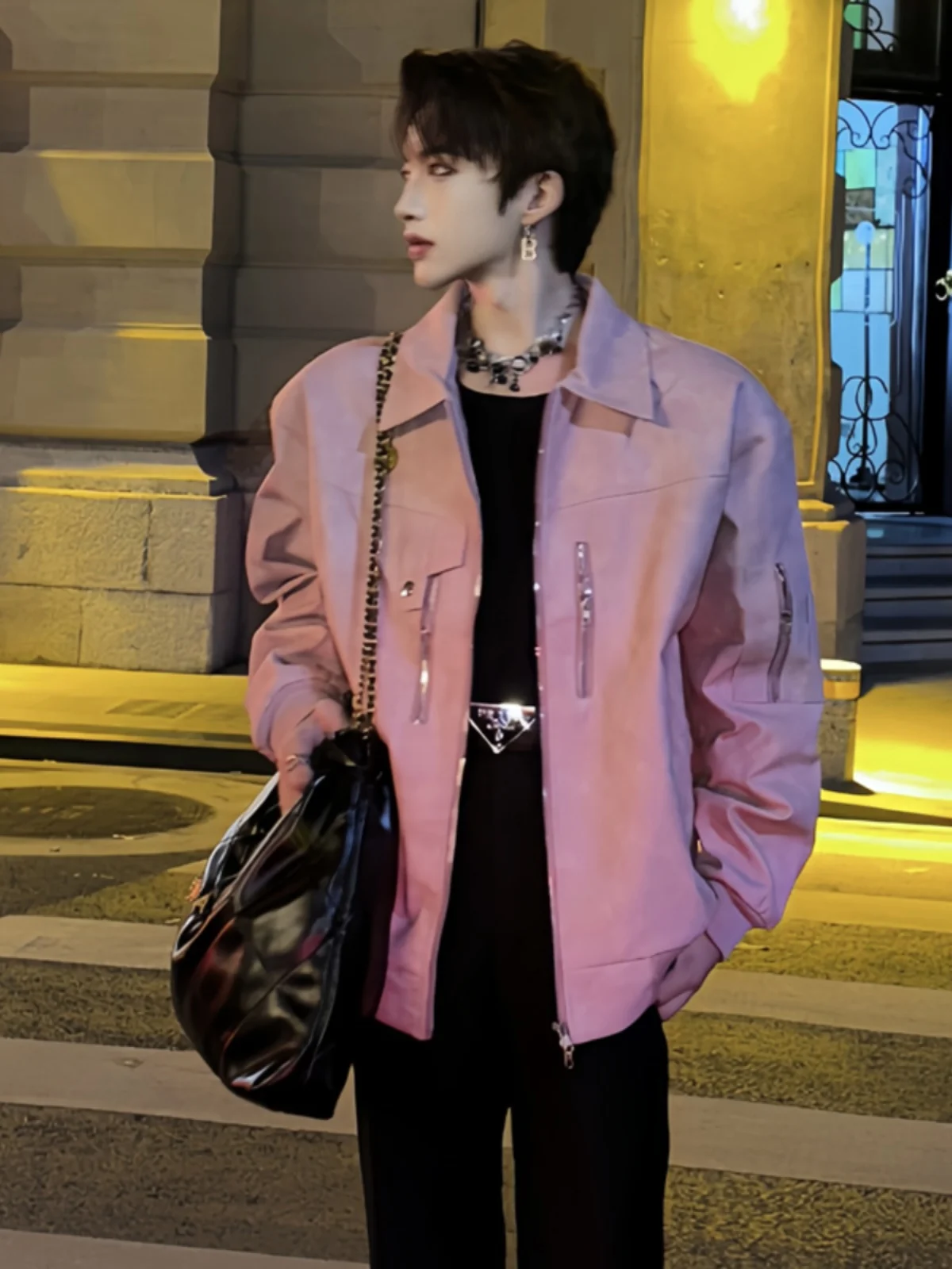 

Pink Men's Leather Jaet oulder Appropriate Vintage American Motorcycle Sle Spring Autumn Flight Jaet Loose Fit Zipper...