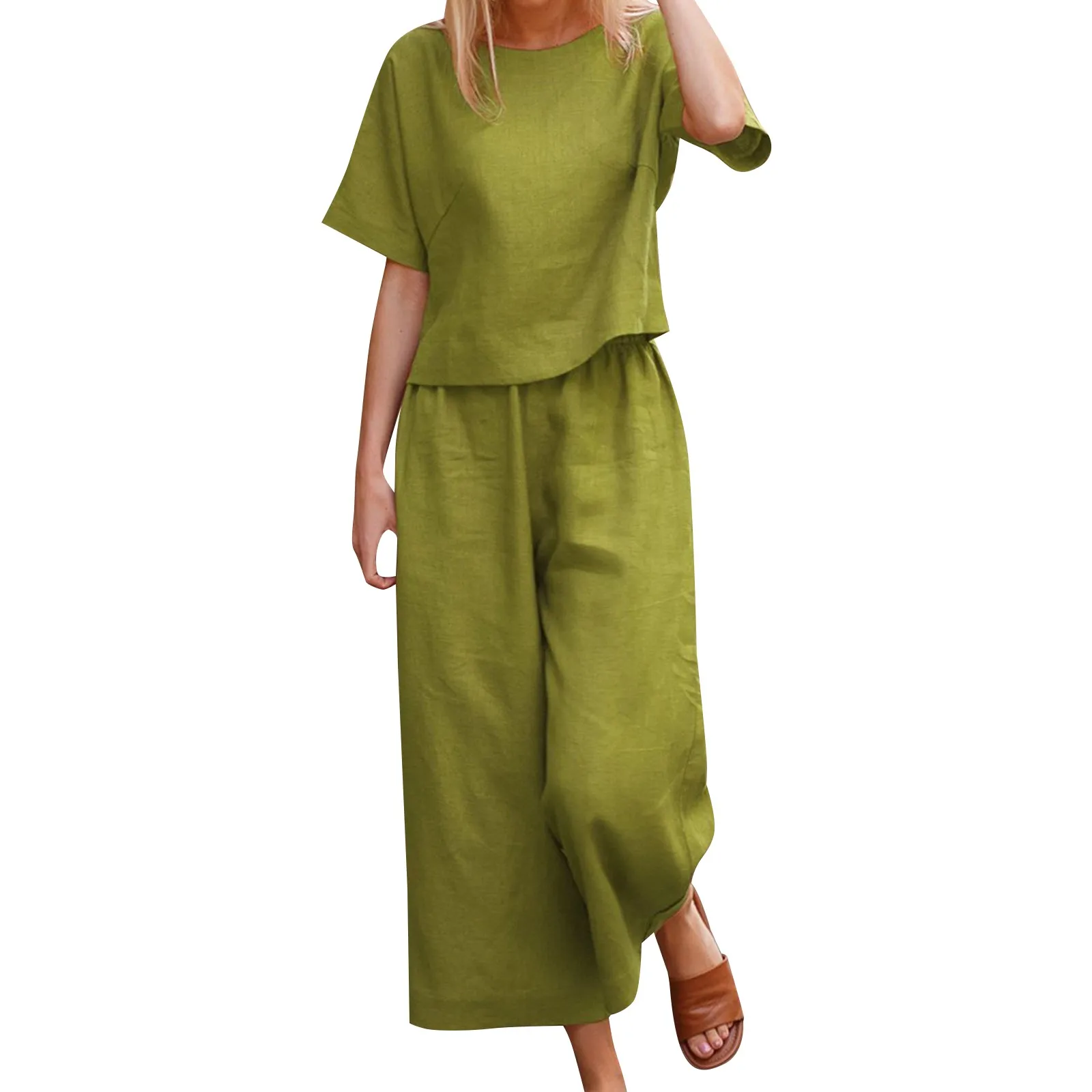 Women Cotton Linen Suit Fashion Comfortable Short Sleeve And Long Pants Solid Color Casual Loose Oversized Summer Sets Dress Top