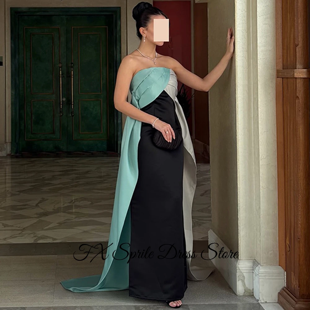 ファッションストラップレスノースリーブホームカミングドレスモダンなコントラストカラーイブニングドレス高品質スイープトレインパーティードレス