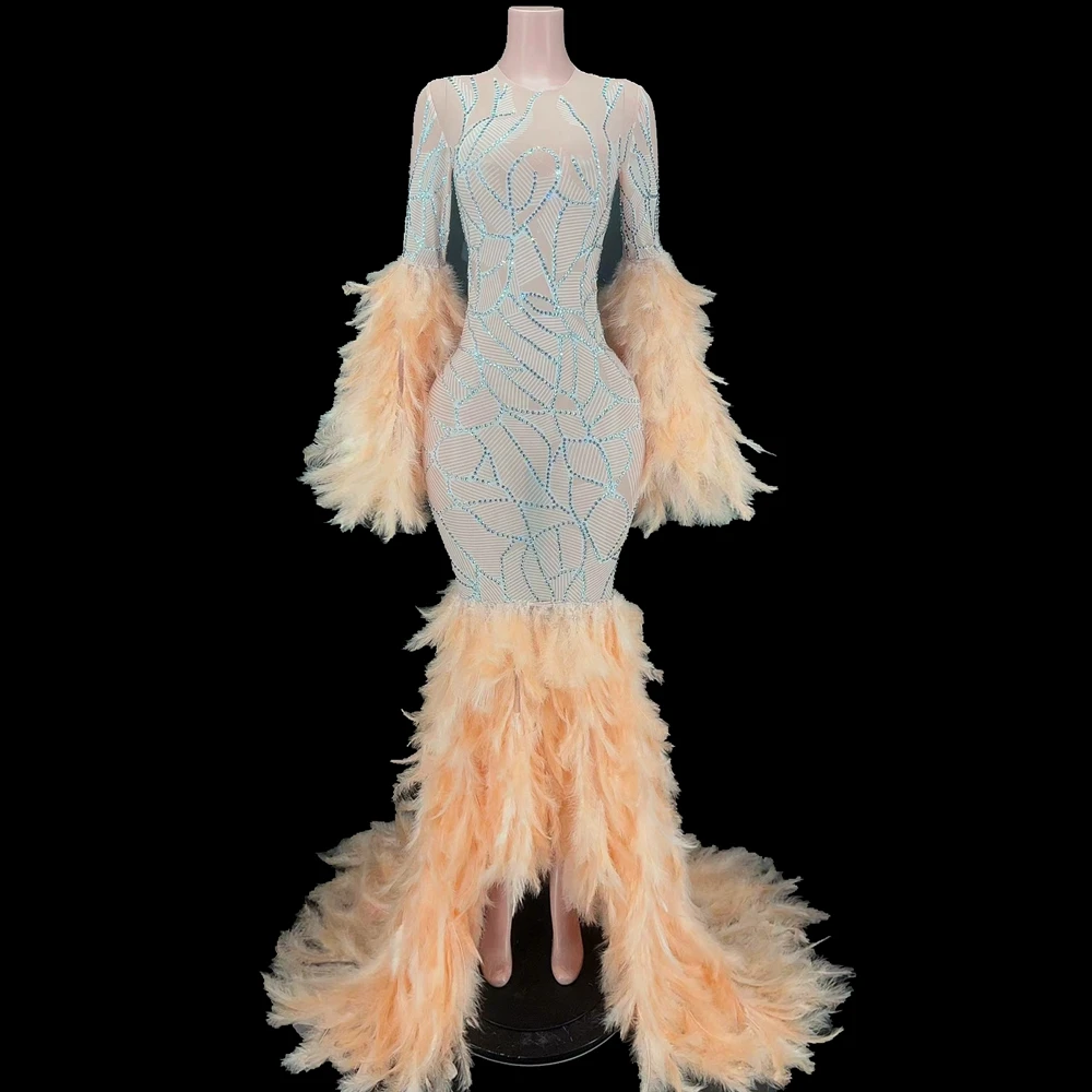 Sparkly strass Feather Long Tail Dress Festival Outfit Sexy Mesh trasparente Celebrate Evening Prom Gown Birthday Dress