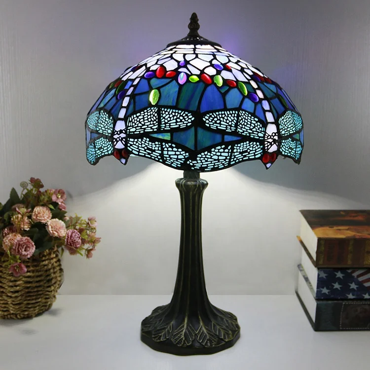 

LongHuiJing 12Inch Tiffany Style Lamp Blue Stained Glass Dragonfly Style Light