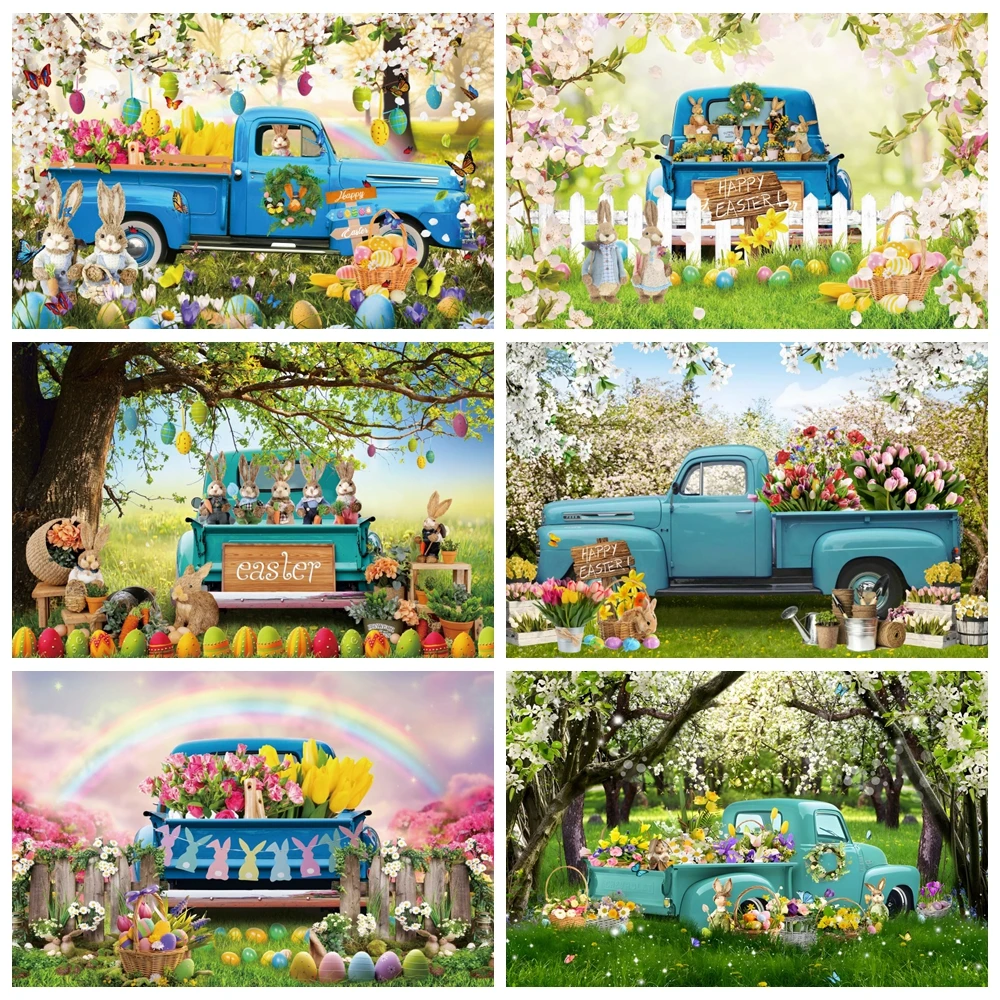 

Spring Easter Backdrop for Photography 2024 Rabbits Flowers Truck Baby Portrait Birthday Party Photocall Background Studio Props