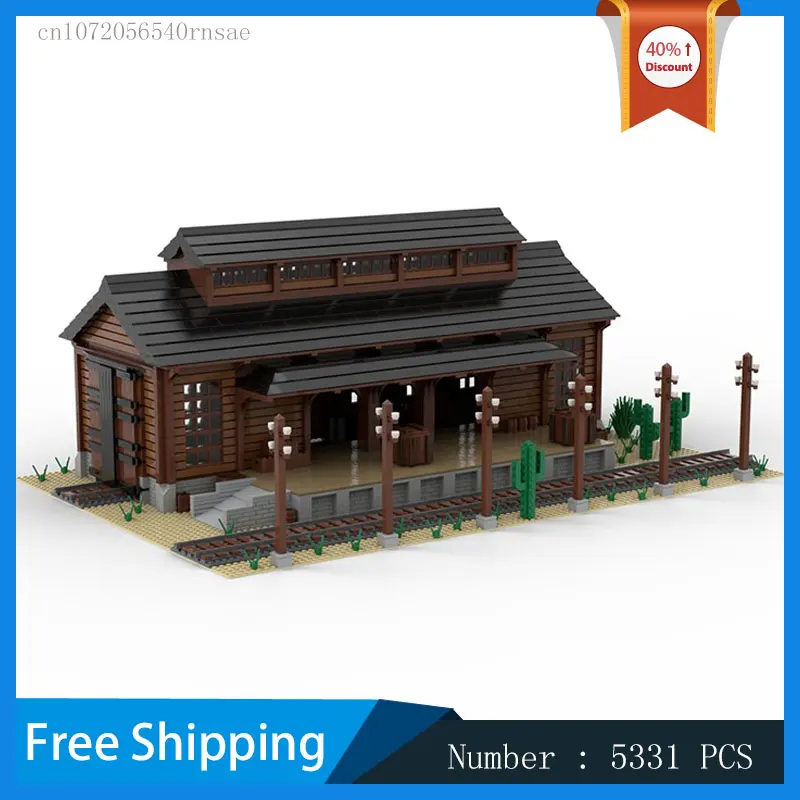 MOC Building Blocks Western Train Goods Shed Railway Modular DIY Bricks Creative Assembly Toys House Christmas Present Birthday