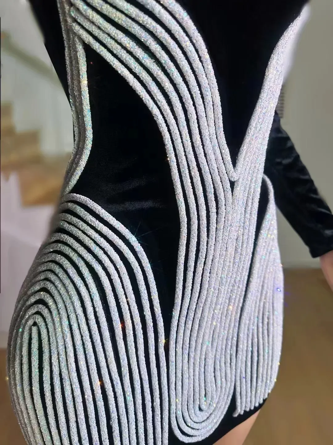 Women Birthday Outfit Event Gogo Dancer Costume Party Show Outfit Singer Stage Wear Black High Collar Padded Shoulder Dress
