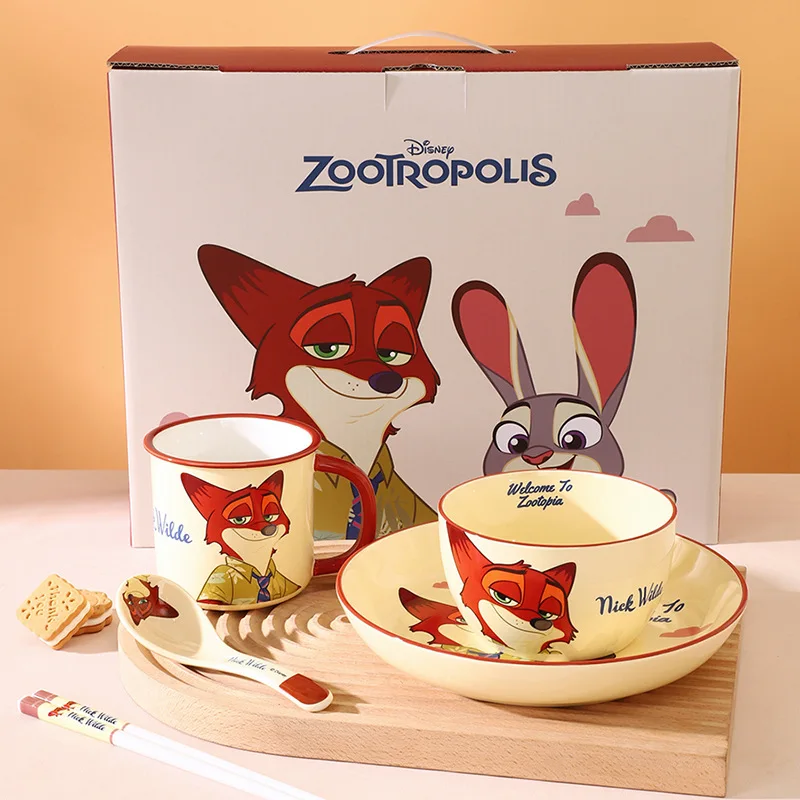 Kawaii Disney Zootopia Anime Hobby Judy Hopps Nick Wilde Cartoon Ceramic Mug Breakfast Bowl Snack Plate Spoon