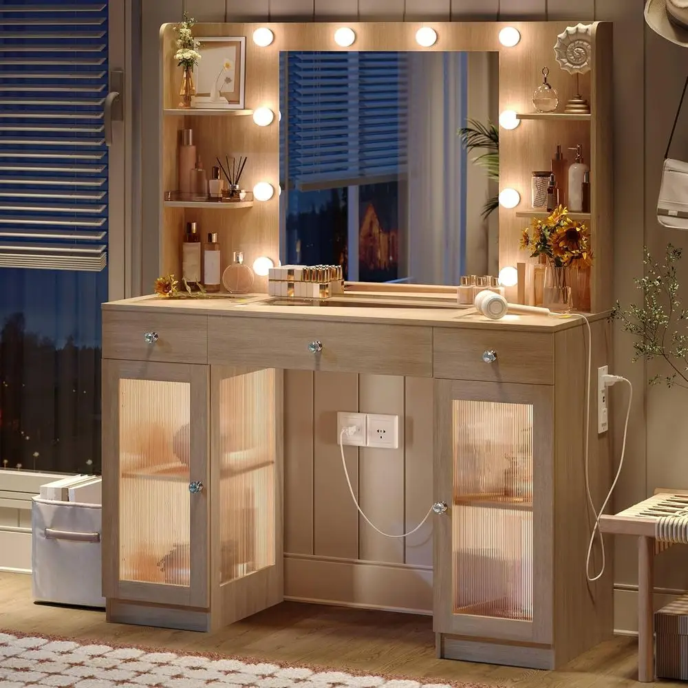 

Oak Makeup Vanity Desk with Glass Top, 2 Acrylic Cabinets, 3 Lighted Drawers, 4 Shelves, and Power Outlets
