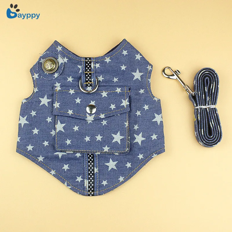 Denim Dog Harness and Leash Set Jeans Pet Vest Jacket For Small Puppy Dogs Teddy Chihuahua Yorkies Vest with Pocket 3 Size S M L