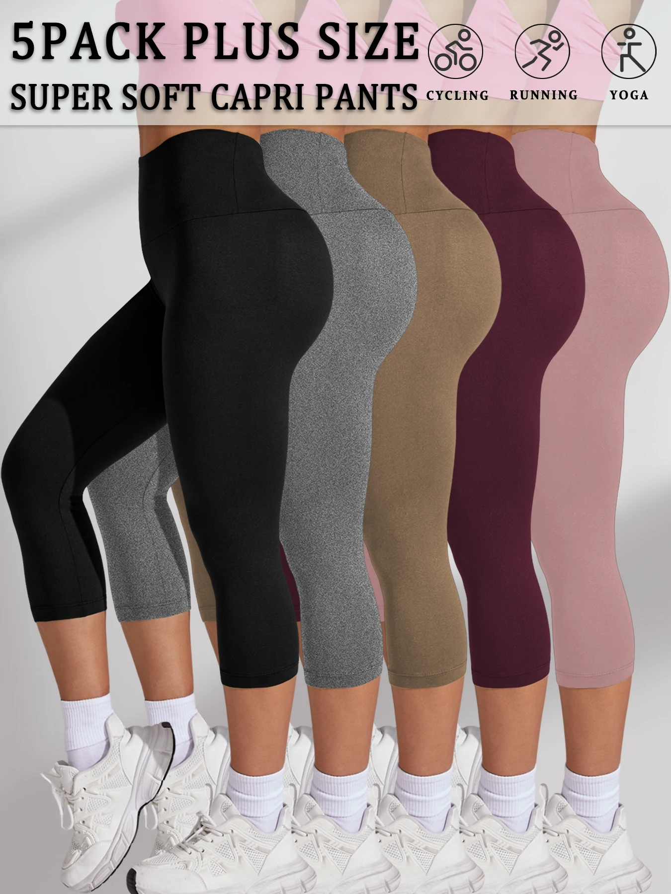 

5 Pack Women's High Waisted Capri Pants Super Soft No See Through Workout Yoga Running Athletic Push Up Gym Leggings