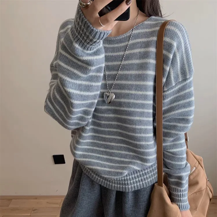 

Повседневные полосатые женские пуловеры, весенне-осенний вязаный свитер с круглым вырезом и длинными рукавами, женские мягкие свободные топы для женщин