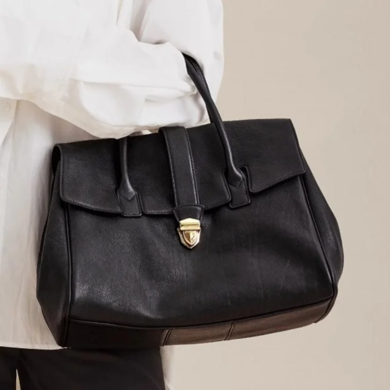 Handbag Briefcase Ladies Leather Retro Large Capacity Commuter Head Layer Vegetable Tanned Cowhide Bags Soft Breathable