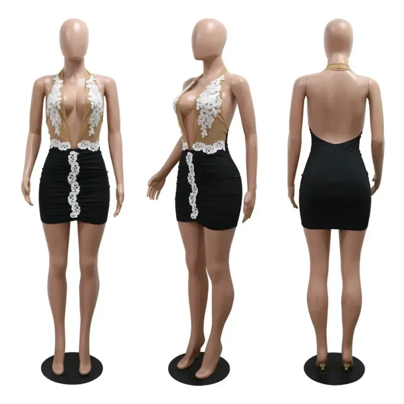 GUWU Women Sleeveless Deep V Neck Lace Embroidery Mini Dress Summer Streetwear Hollow Out Sheer Evening Sexy Night Party Dresses