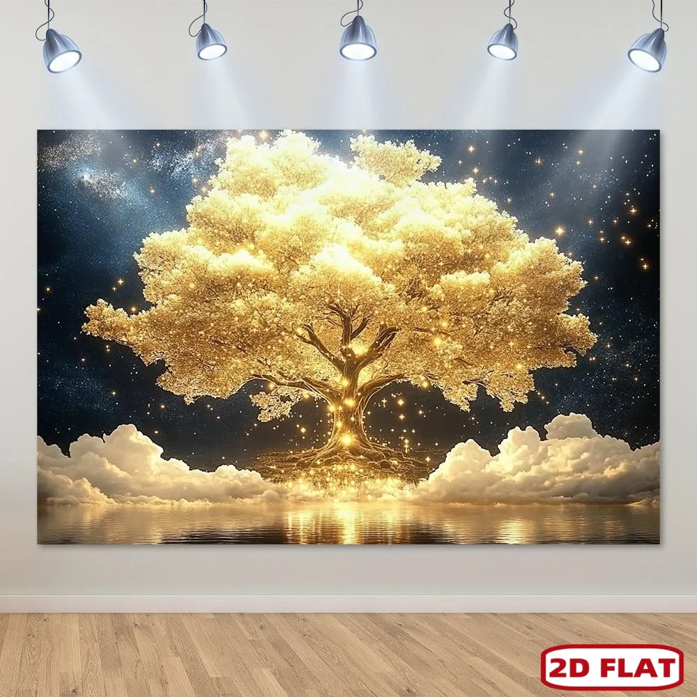 Golden Glowing Tree of Life Galaxy Night Sky Wall Art Tapestry Decoration for Living Room Bedroom