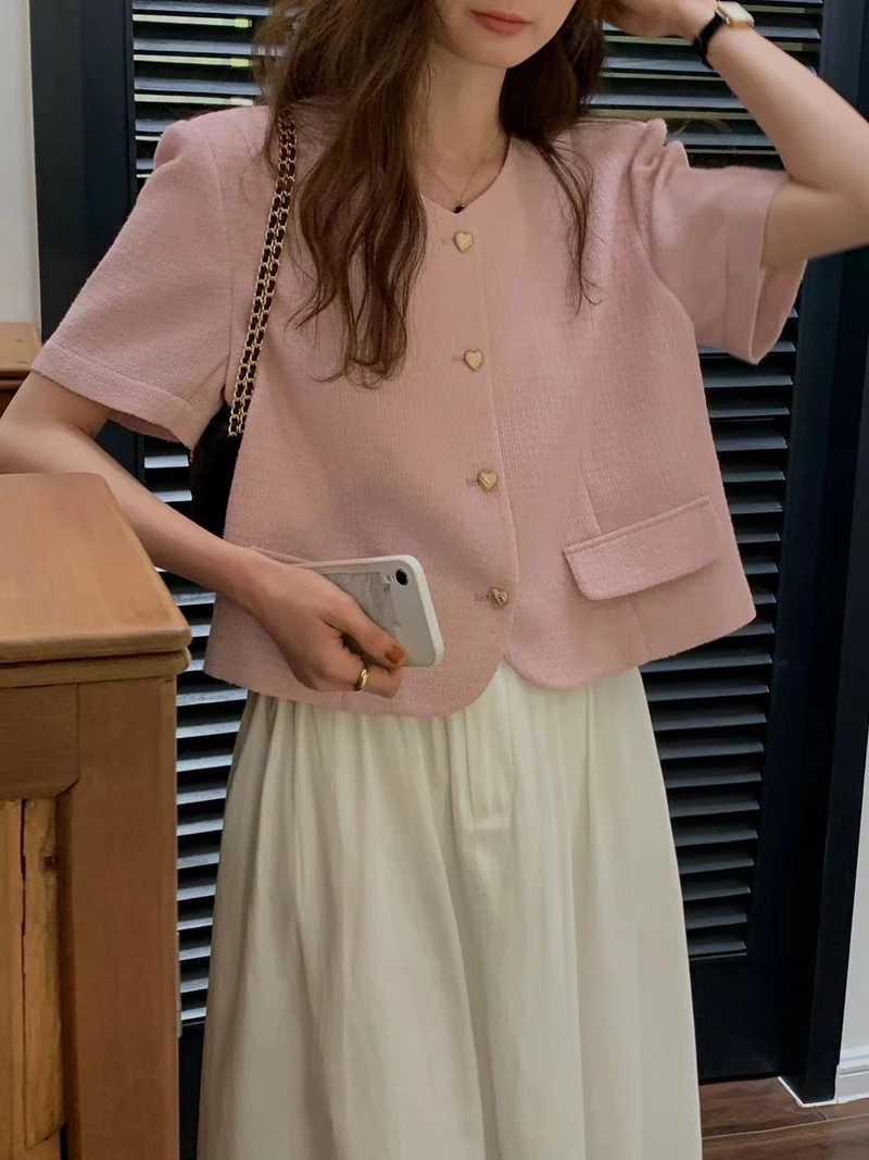 Korean Short-sleeved Blazer Women 2023 Summer Luxury Tweed Jacket Pink Love Button Cropped Top Casual Fashion Short Black Coat