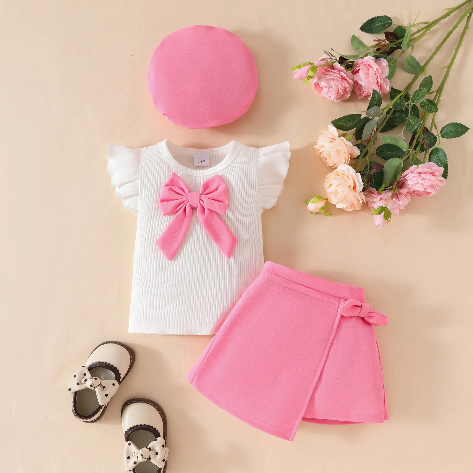 2025 Summer Baby Girls Clothes Set 0-3 Y Big Bow Flying Sleeve Top Skirt Beret  3Pcs Children\'s Outfit Toddler Short Sleeve Suit