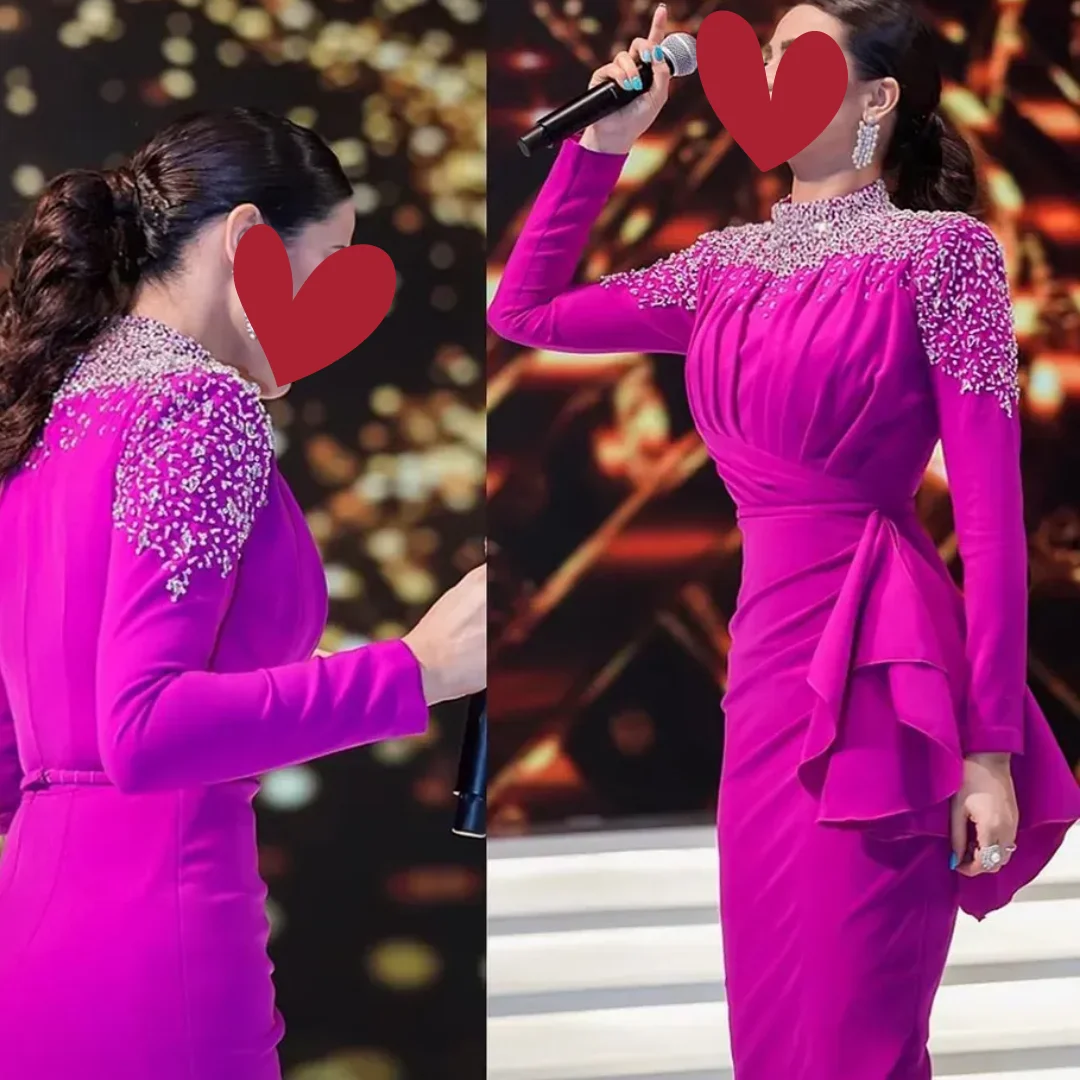

Elegant Fuschia Mermaid Prom Dresses Women Evening Dress High Neck Beading Beads Elegant Long Sleeves Formal Occasion Gowns
