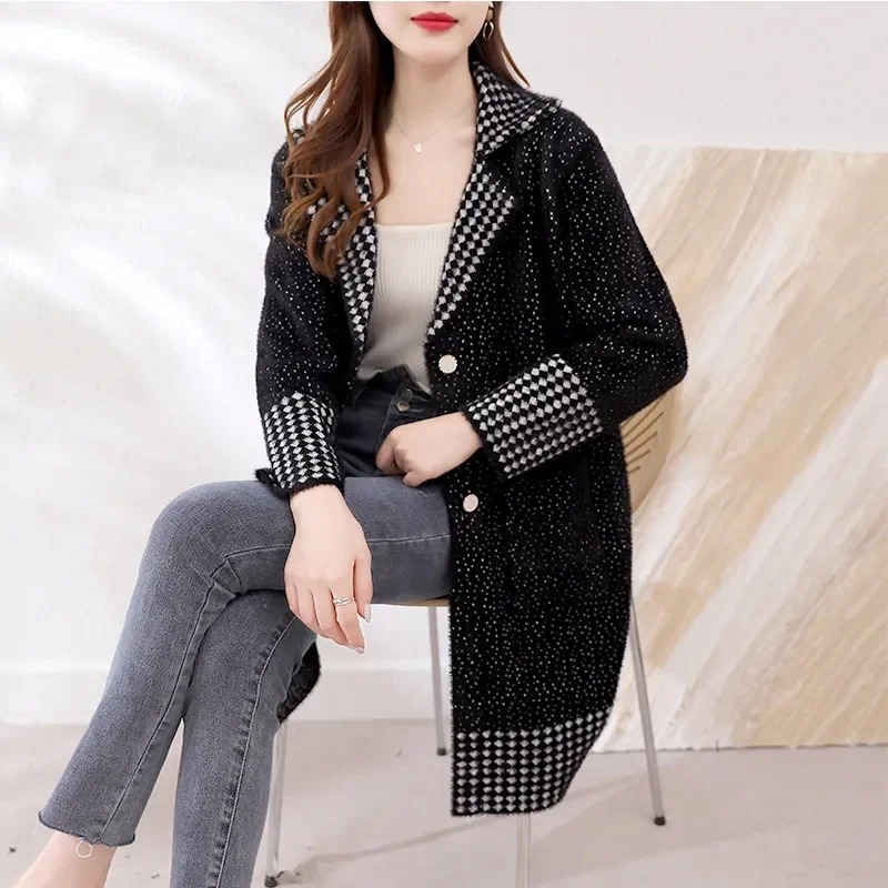 Mink Velvet Women\'s Jacket Knitted Cardigan Long Outwear Autumn Winter 2023 New Thick Woolen Coat Korean Female Fashion Tide Top