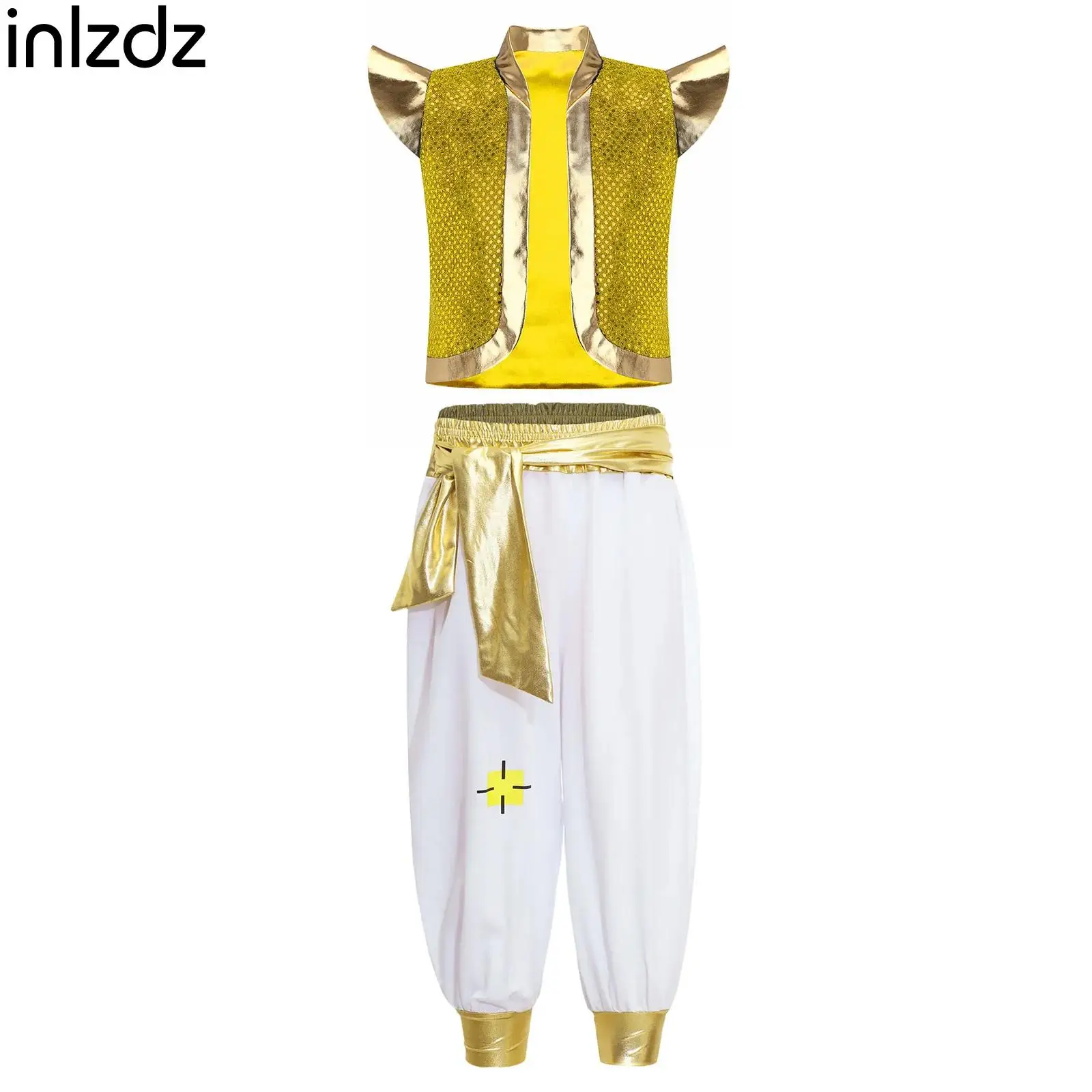 

Boys 2Pcs Arabian Prince Cosplay Outfits Open Front Vest Waistcoat+Pants Suit for Festival Halloween Carnival Dress Up Party